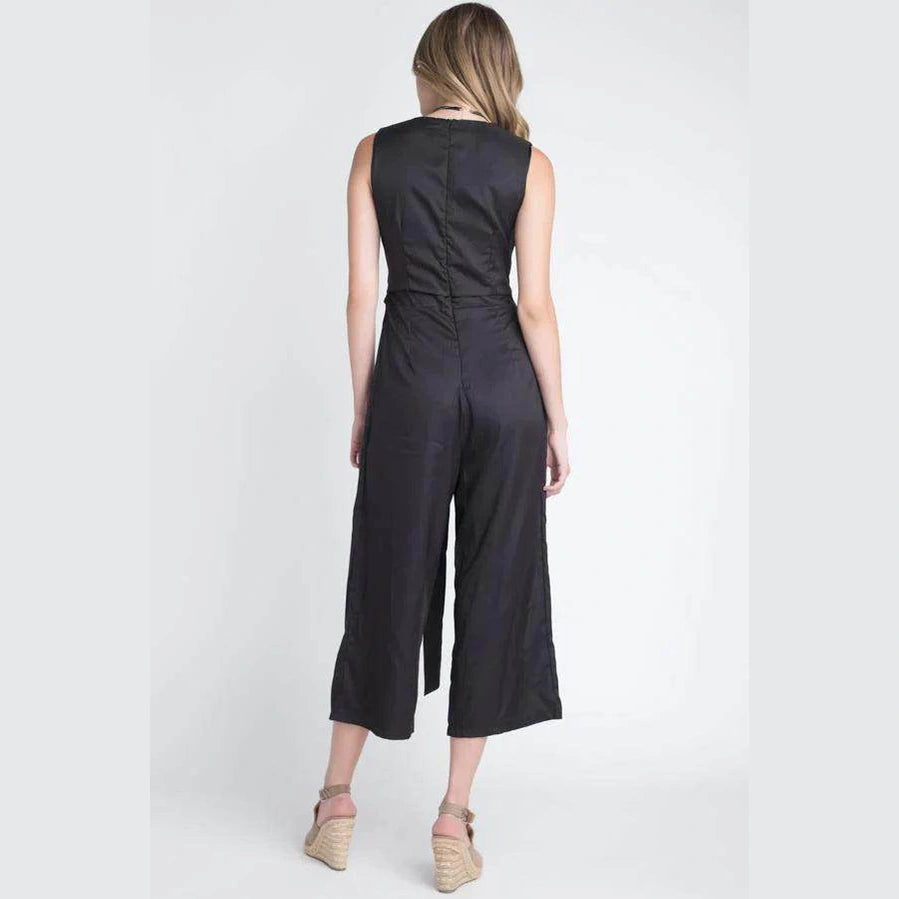 Ivory Felix women's vacation jumpsuit with slit in black featuring a stylish back design