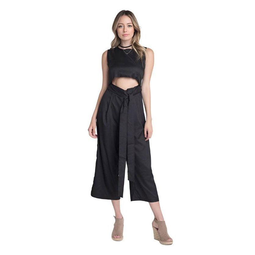 Ivory Felix vacation jumpsuit with slit featuring a belted waist and stylish cropped top
