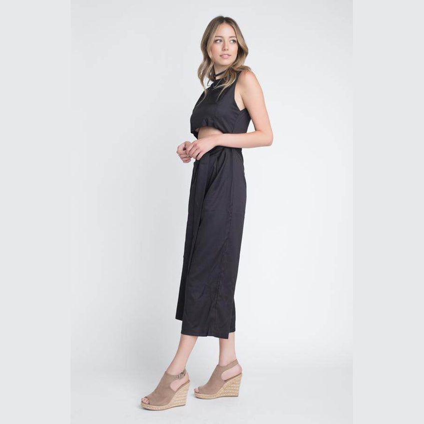 Ivory Felix vacation jumpsuit with slit in black, perfect for stylish summer outings
