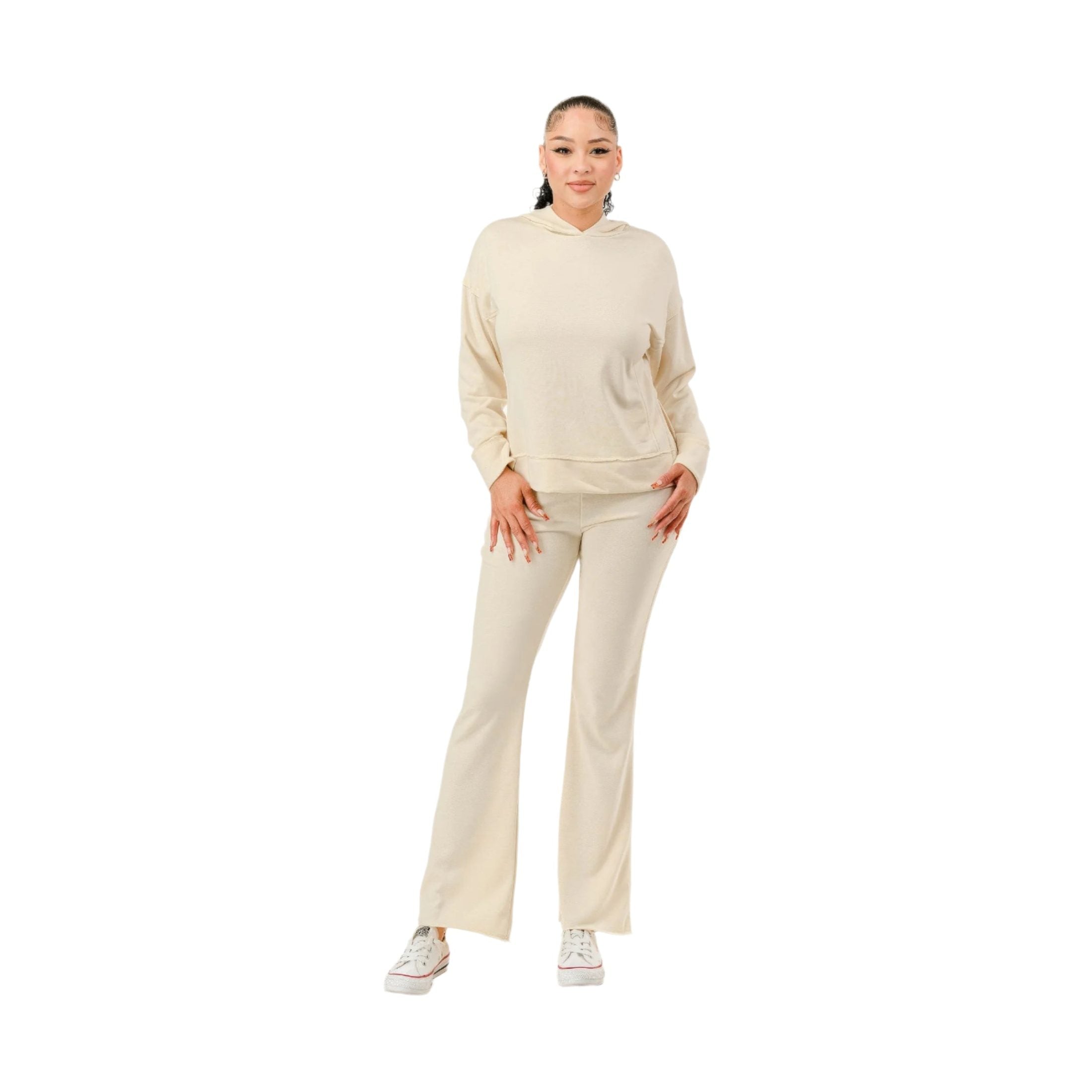 Women's beige vacation loungewear set with hoodie and wide-leg pants by VacationGrabs