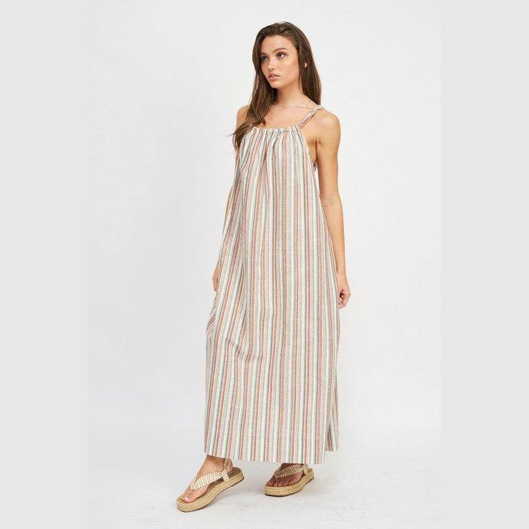 Emory Park vacation maxi dress featuring a striped design and adjustable spaghetti straps