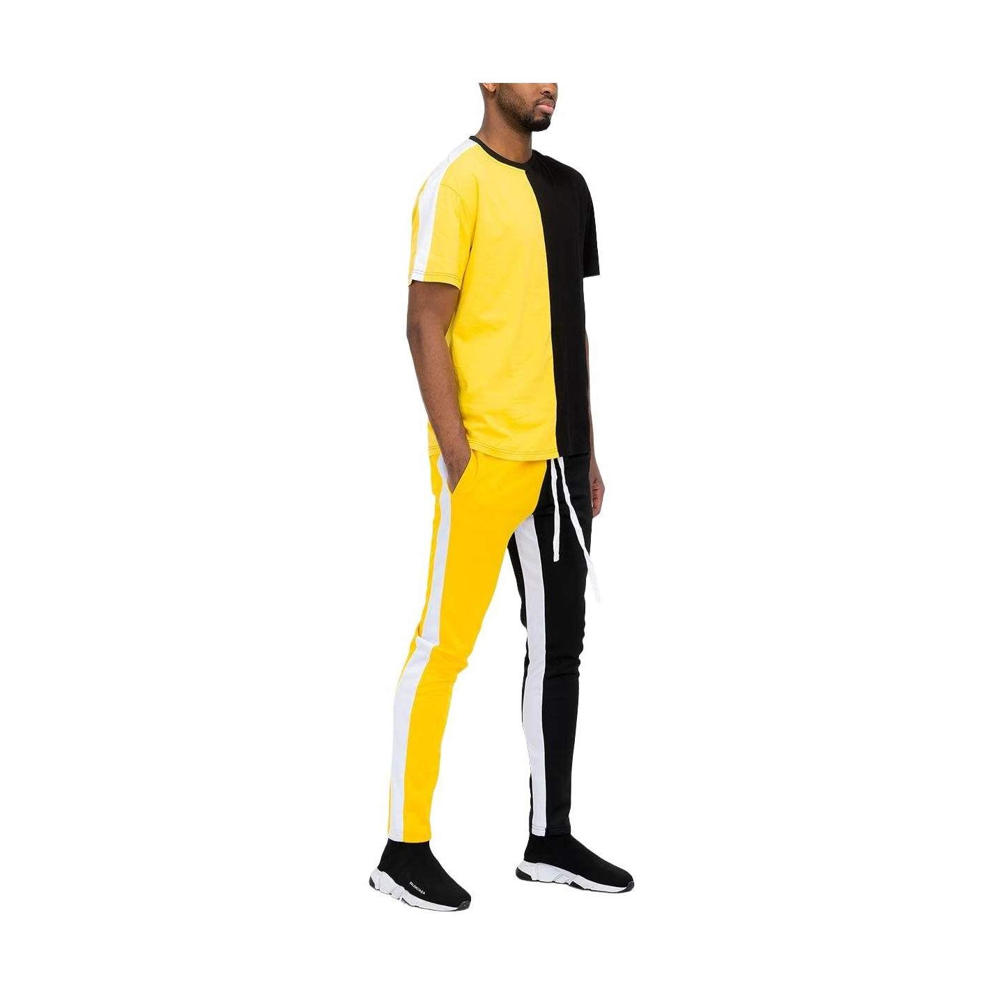 Vacation mens clothing set featuring a color-blocked tee and tapered pants in vibrant yellow and black