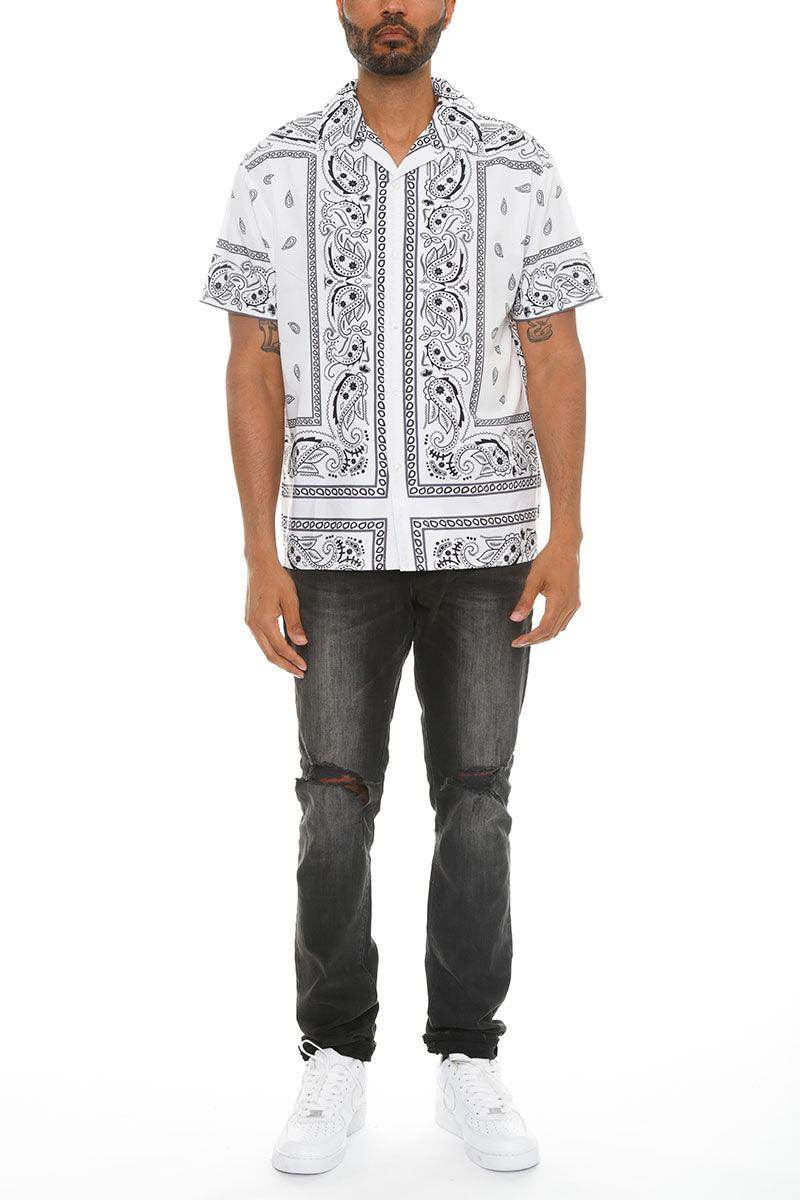 VacationGrabs Men's Vacation Mens Clothing Short Sleeve Shirt with Black and White Bandana Print