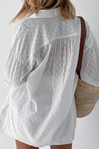 Miss Sparkling white textured long sleeve dress perfect vacation outfit for women with a woven bag