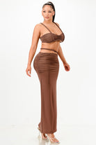 Stylish brown two-piece vacation outfits for women with a ruched crop top and long skirt