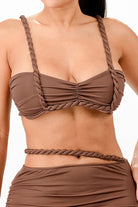 Brown women's vacation outfits for women featuring a stylish braided bikini top and matching bottoms