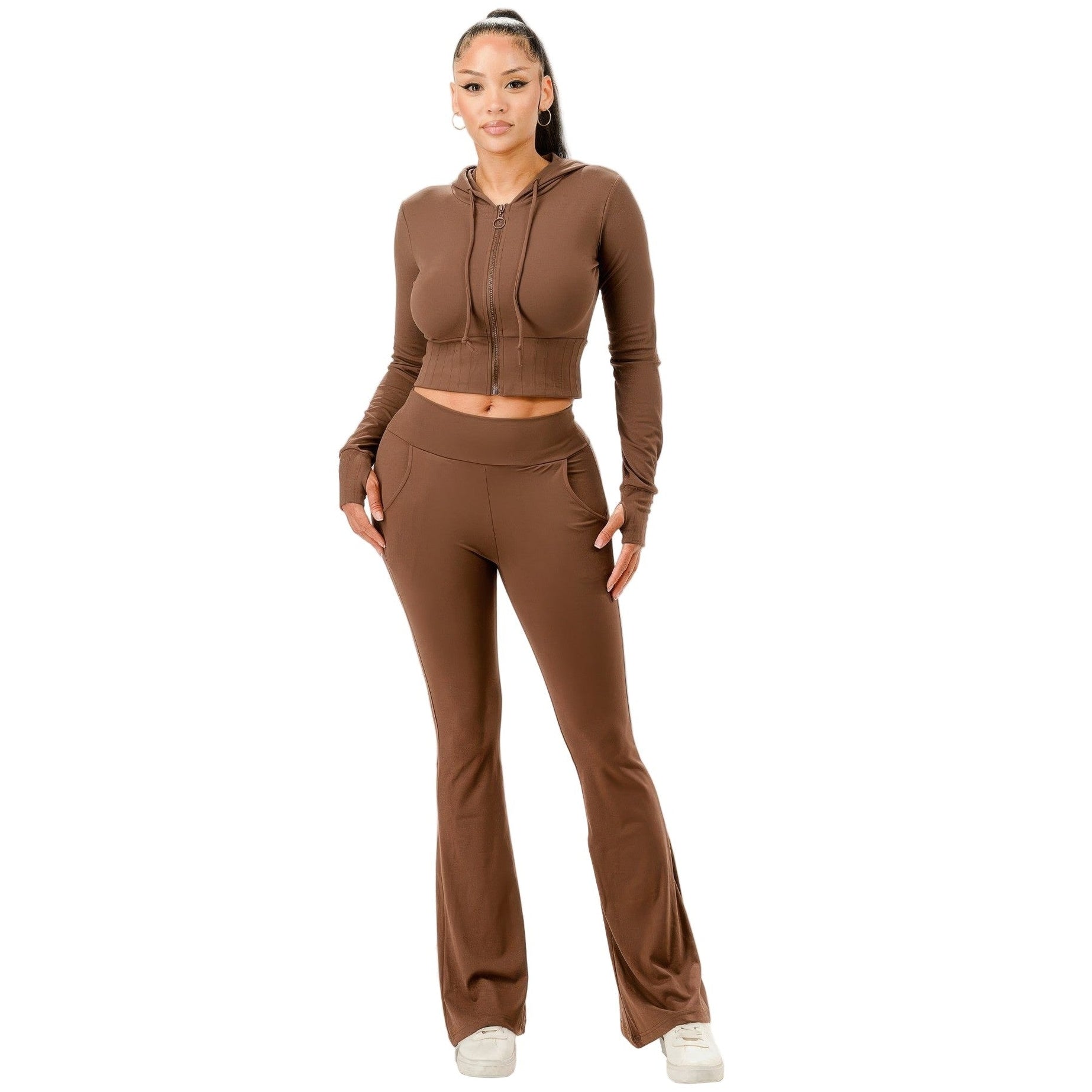 Brown hoodie and flared pants set, a stylish choice for vacation outfits for women