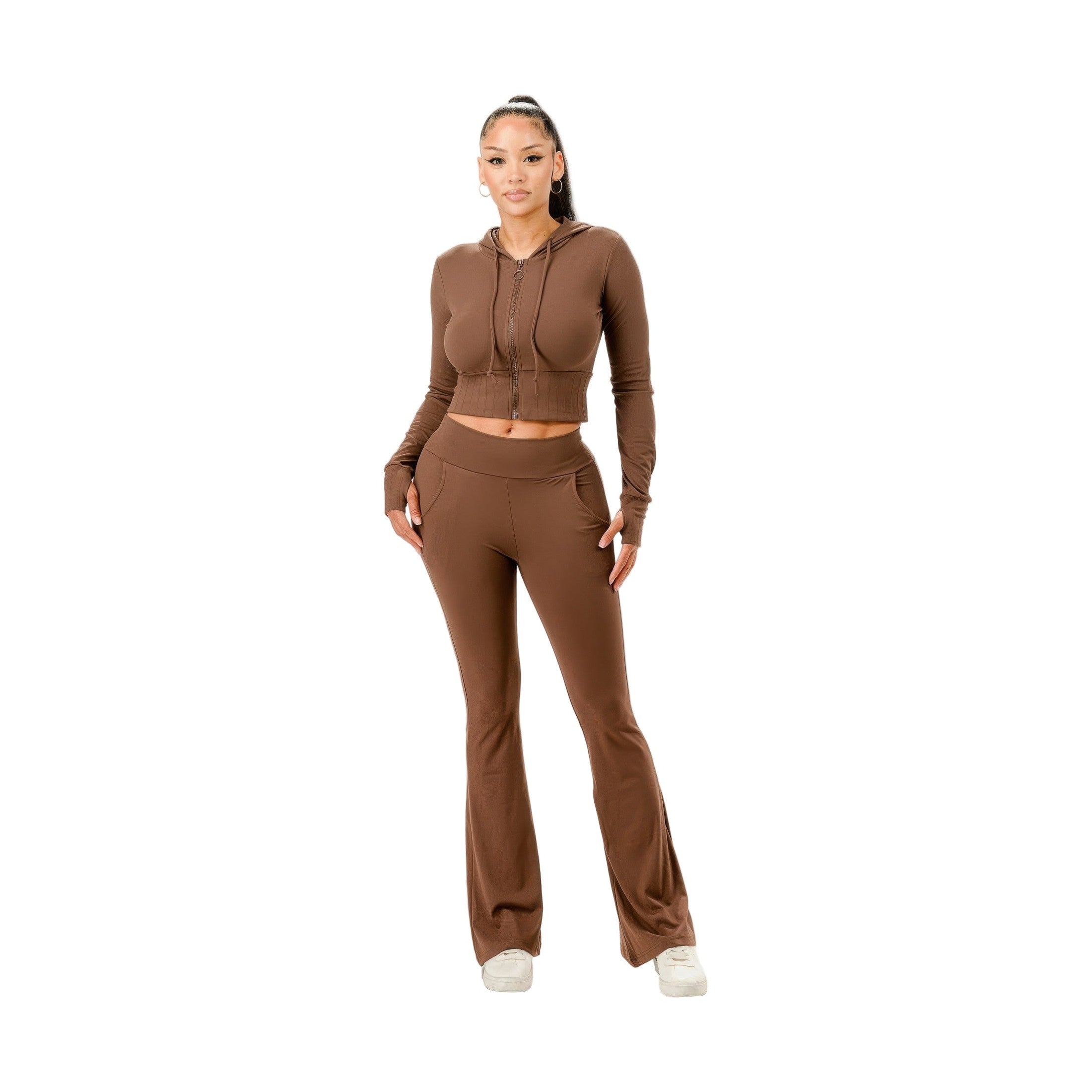 Brown hoodie and flared pants set, a stylish choice for vacation outfits for women