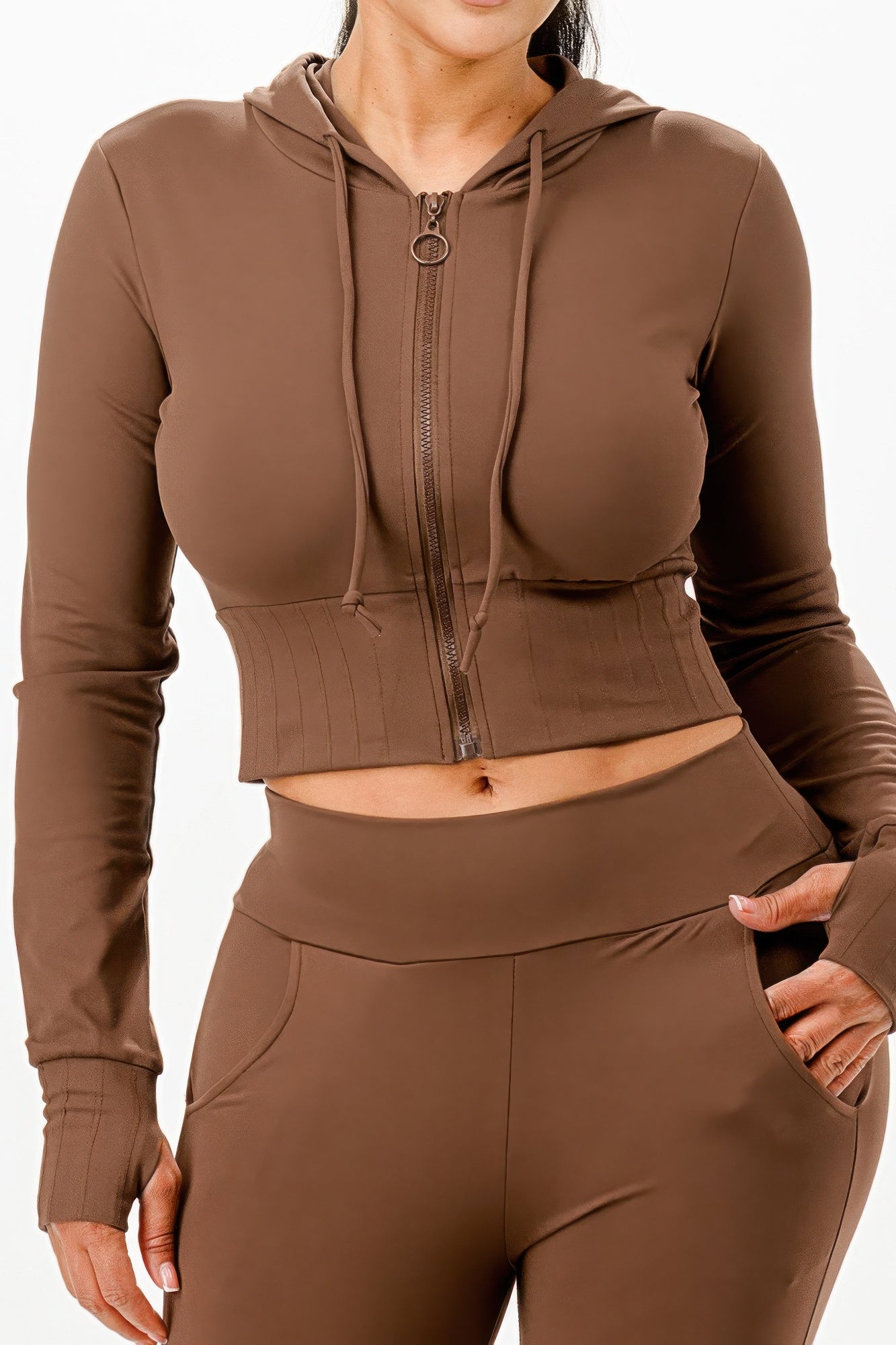 Stylish brown women's outfit set with zip-up hoodie and matching pants, perfect vacation outfits for women