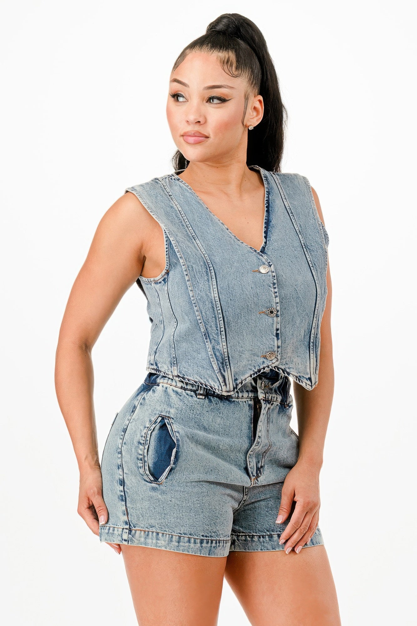 VacationGrabs Women's Denim Outfit Set with Button Front Top and High-Waisted Shorts, perfect vacation outfits for women