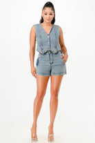 Casual women's vacation outfits for women featuring a denim top and shorts set for warm weather styling