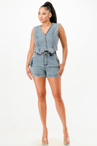 Stylish two-piece denim set for summer, perfect vacation outfits for women, featuring a sleeveless top and shorts.