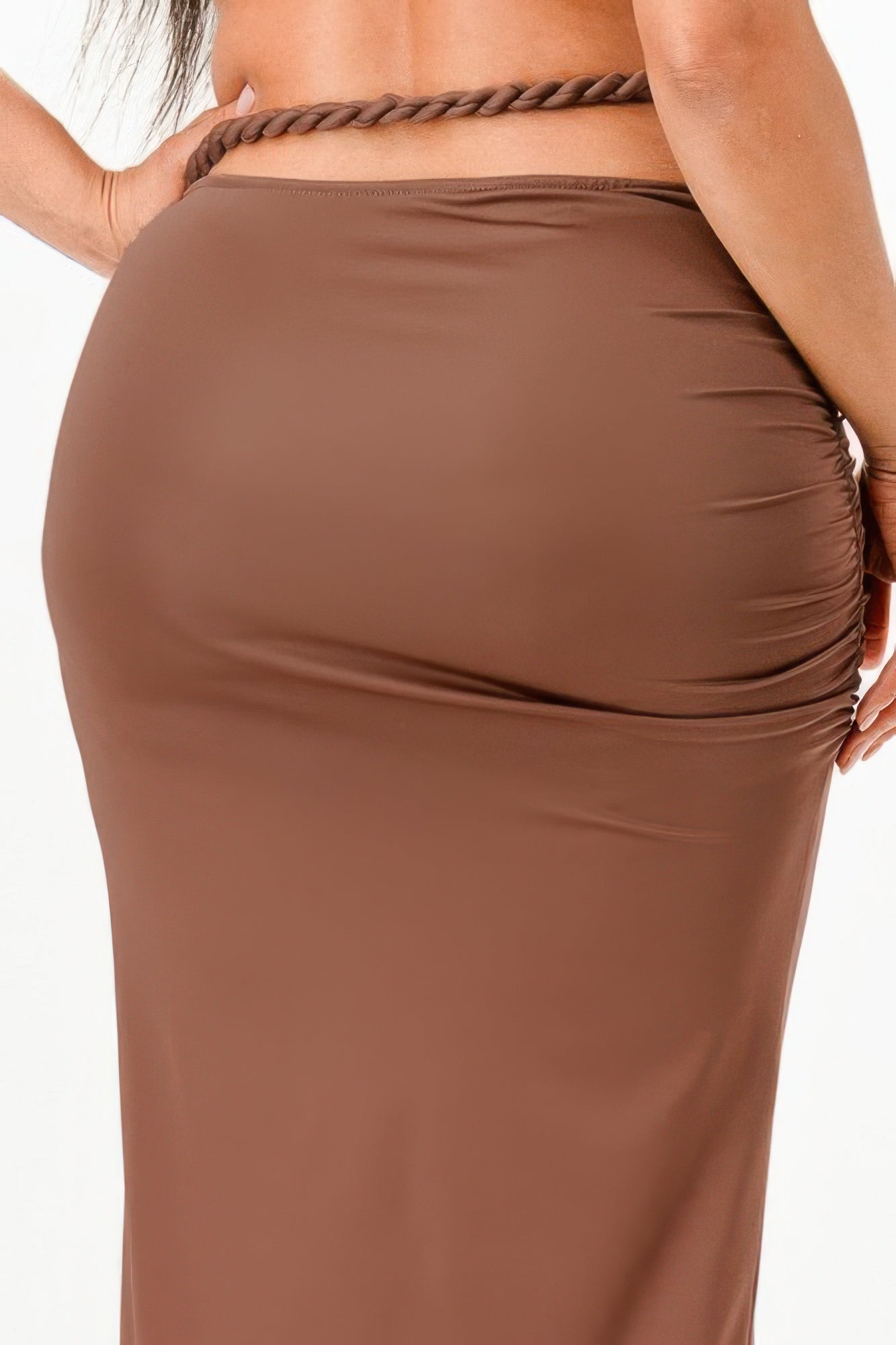 Stylish brown women's vacation outfits for women featuring a trendy ruched skirt