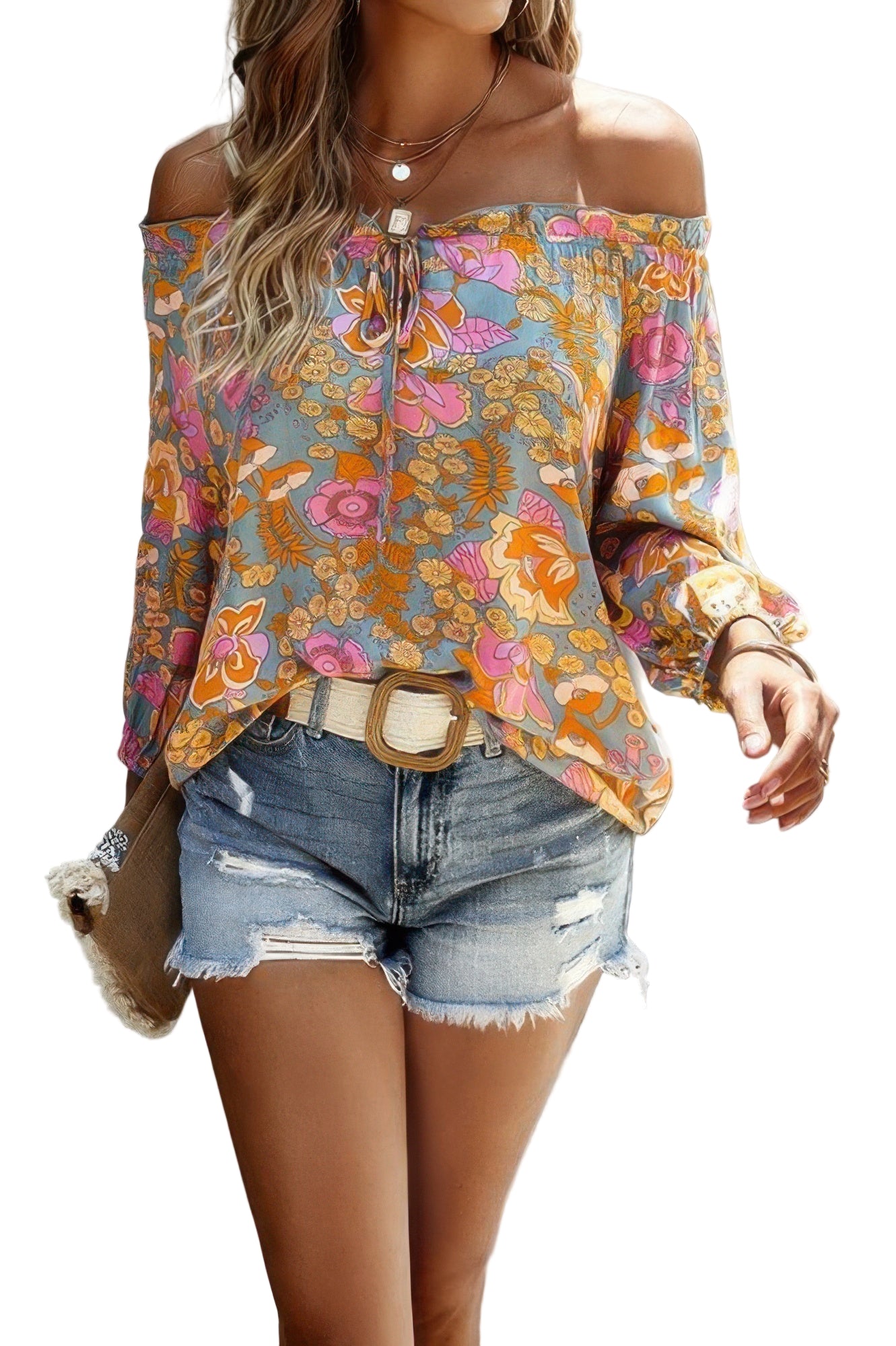 Colorful vacation print long sleeve blouse paired with distressed shorts for a casual summer look