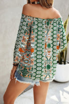 Vacation print long sleeve blouse in green with colorful patterns, perfect for stylish summer outings