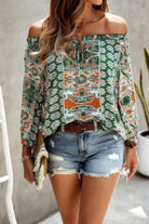 Vacation print long sleeve blouse in green with floral patterns, perfect for summer outings.