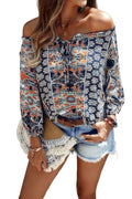 Vacation print long sleeve blouse in navy with floral design, perfect for casual summer outings