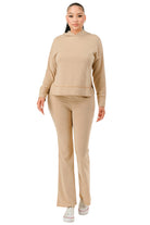 Vacation ready matching sweatsuit for women in beige with hoodie and flared pants by VacationGrabs