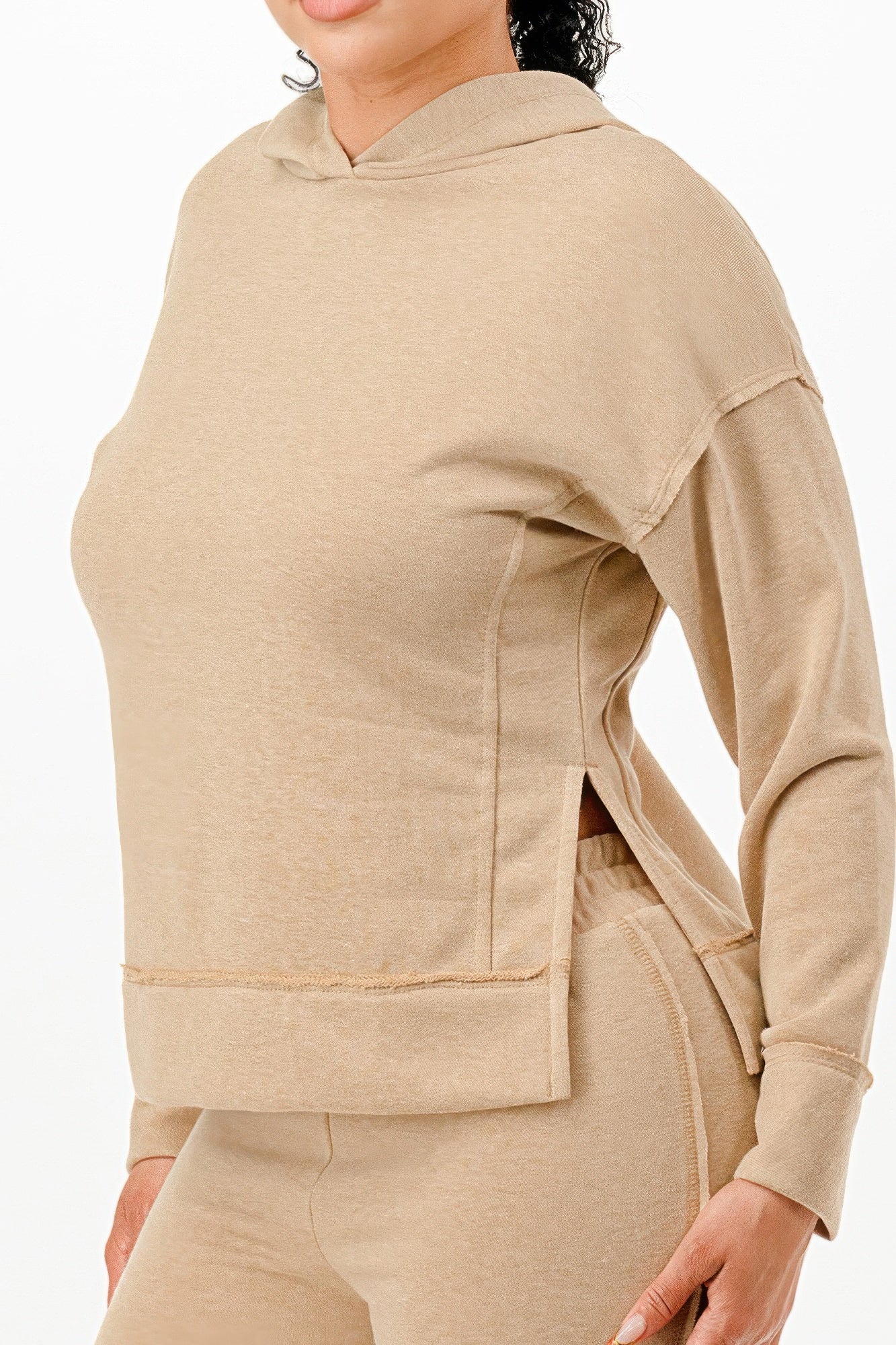 VacationGrabs women's beige vacation ready matching sweatsuit with hoodie and side slit detail