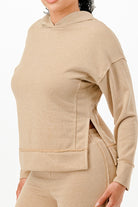 VacationGrabs women's beige vacation ready matching sweatsuit with hoodie and side slit detail