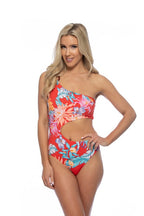 Beach Joy Bikini women's floral vacation ready one shoulder swimsuit in red with cutout detail