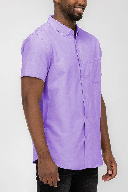 WEIV Men's Short Sleeve Vacation Shirts in Purple with Classic Button Front Design