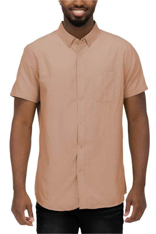 WEIV Men's Short Sleeve Vacation Shirts in light brown color with button-down collar and pocket