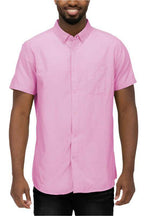 WEIV Men's Short Sleeve Vacation Shirts in Pink with a Classic Fit and Front Pocket