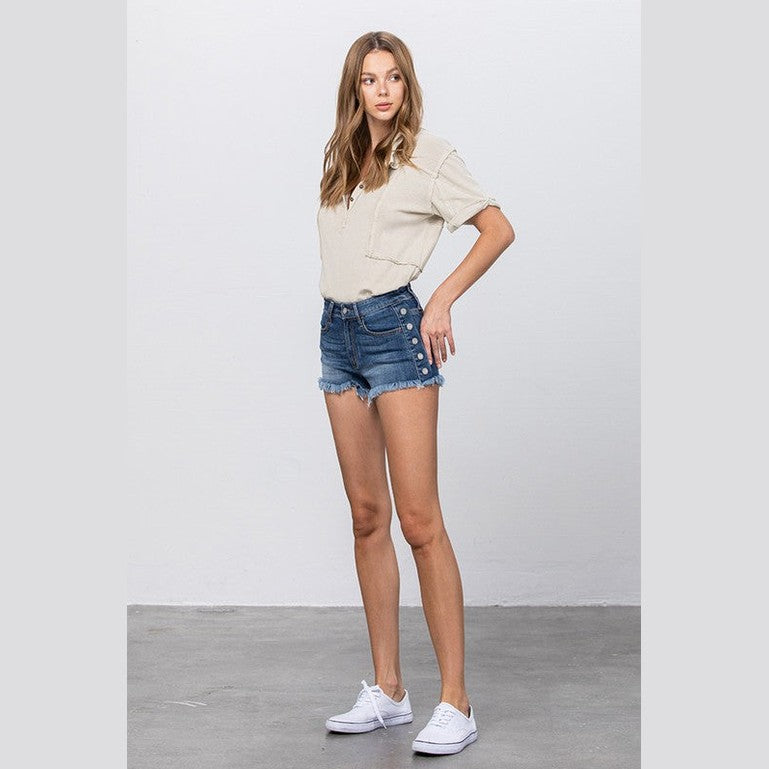 Insane Gene Women's Denim Vacation Shorts for Women with Button Detail and Frayed Hem