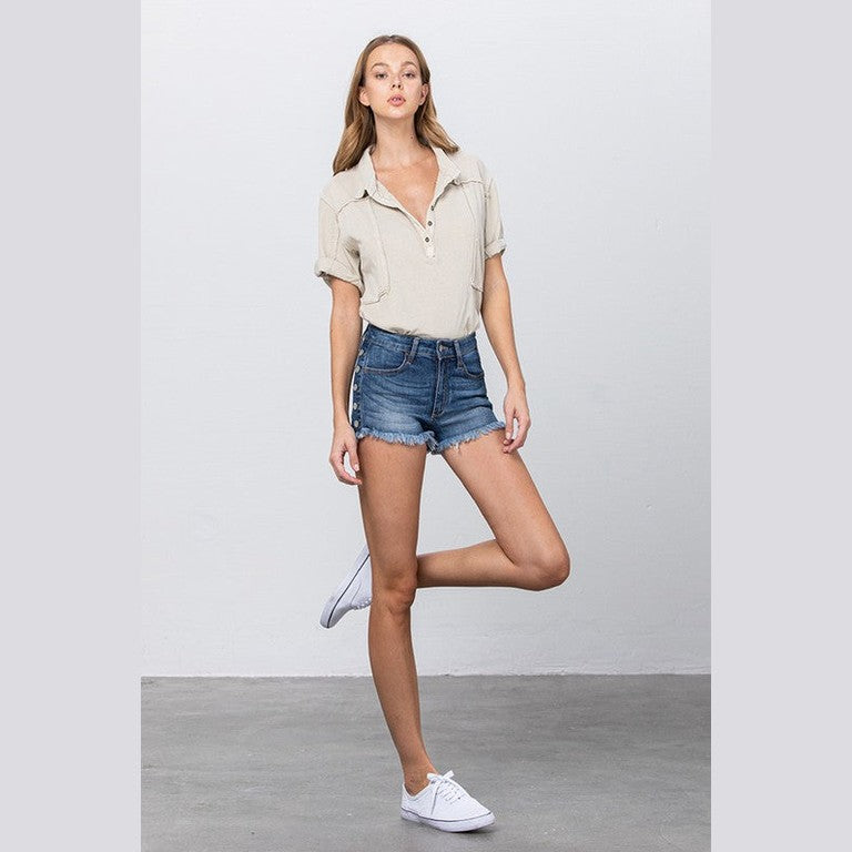 Insane Gene Women's Vacation Shorts for women in denim with a relaxed fit and frayed hem