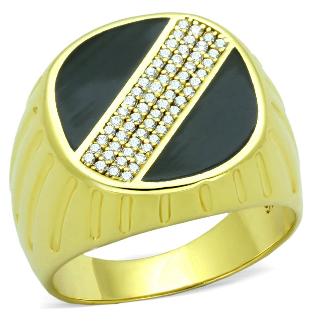 Gold Vacation Style 925 Sterling Silver Jewelry for Men Ring with Black Stone and Crystal Accents