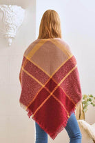 Bella Chic Women's Cozy Poncho Shawl in Burgundy and Yellow as a perfect vacation style accessory
