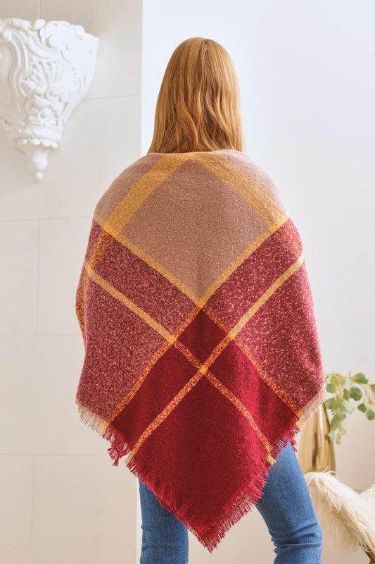 Bella Chic Women's Cozy Poncho Shawl in Burgundy and Yellow as a perfect vacation style accessory