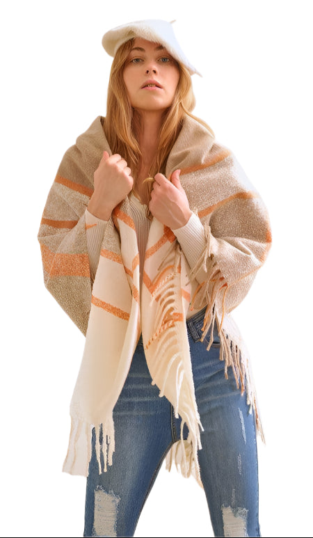 Bella Chic Women's Vacation Style Accessory, a cozy shawl with beige and orange stripes