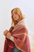Bella Chic Women's Shawl in Burgundy and Pink, a perfect vacation style accessory for cozy outfits