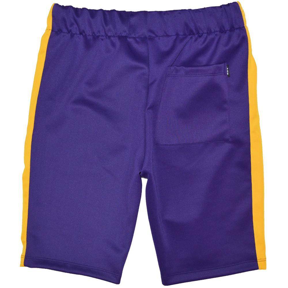 WEIV Men's Vacation Style Athletic Shorts in Purple with Yellow Sides and One Pocket