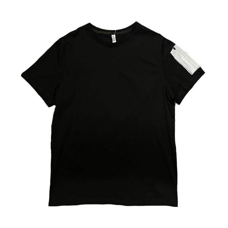 Vacation style black tee for men featuring a simple design with a unique shoulder accent