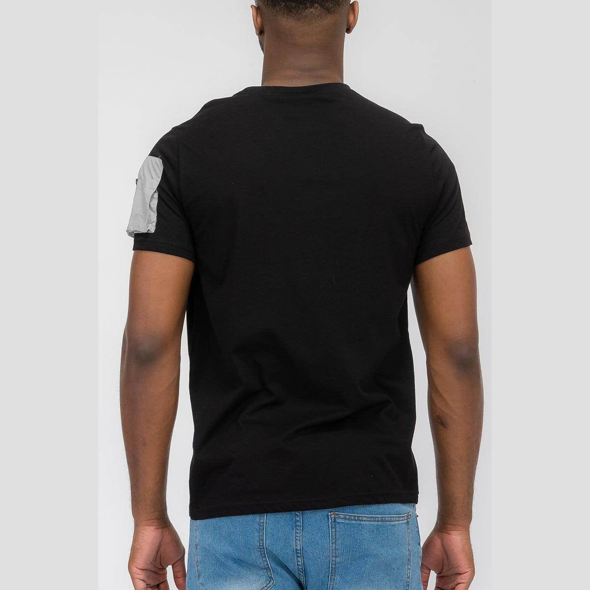 Men's VacationGrabs vacation style black tee with unique gray patch on the sleeve