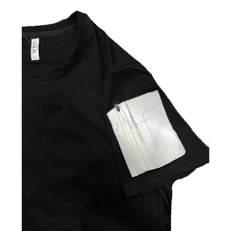 Vacation style black tee for men featuring a unique pocket design on the sleeve