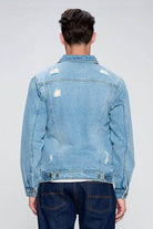 Men's Blue Age vacation style blue jean jacket with distressed details, ideal for casual outings