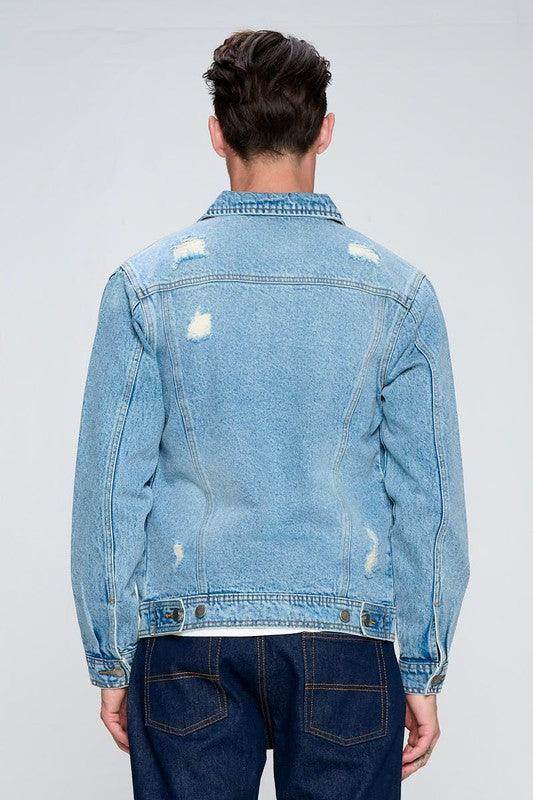 Men's Blue Age vacation style blue jean jacket with distressed details, ideal for casual outings