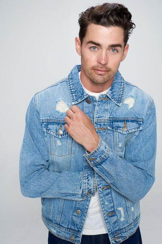 Men's vacation style blue jean jacket from Blue Age with a classic fit and distressed details