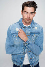 Men's vacation style blue jean jacket from Blue Age with a classic fit and distressed details