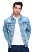 Men's vacation style blue jean jacket from Blue Age with distressed details and classic fit