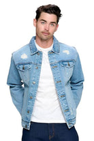 Men's vacation style blue jean jacket from Blue Age with distressed details and classic fit