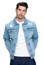 Men's vacation style blue jean jacket from Blue Age with distressed details and classic fit