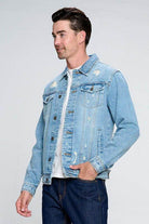 Men's Blue Age vacation style blue jean jacket with a classic fit and distressed detailing