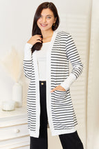 Trendsi women's vacation style cardigan in black and white stripes with pockets for a chic look