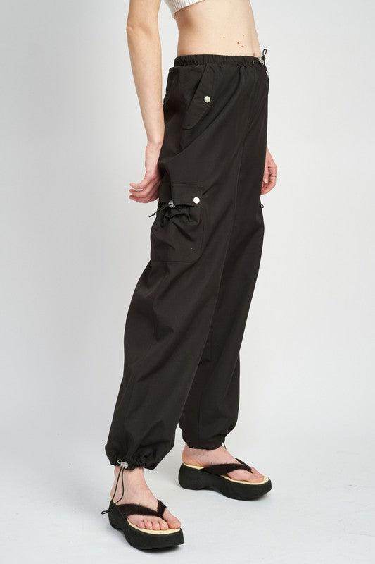 Emory Park women's vacation style cargo pants in black with adjustable drawstring and pockets