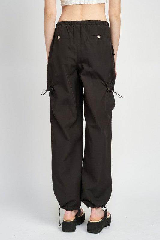 Black Emory Park vacation style cargo pants with adjustable drawstrings and relaxed fit